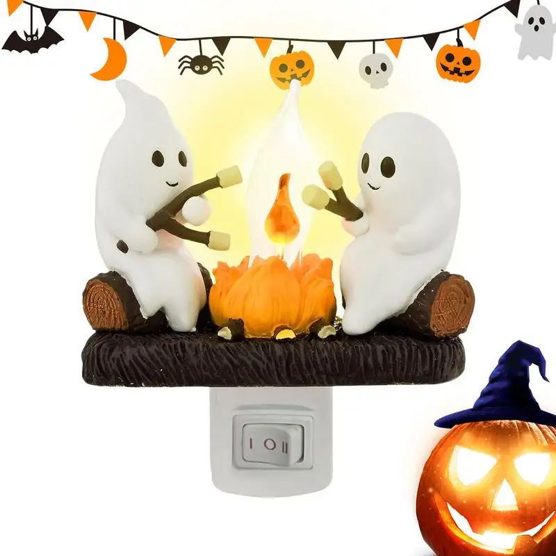 Ghost Campfire Night Light Halloween Lamp Spooky Ghost Flickering Night Light Bedside Lamps Table Lamp Plug-in Ghost Night Light