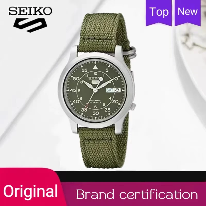 Original SEIKO Men Watches SNK805 Top Brand Watch Stainless Steel Fashion with Green Canvas Band Luxuy Wrist-watches