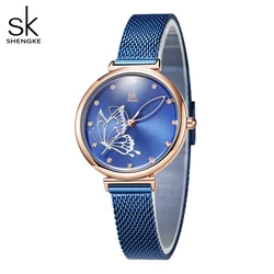 Sk Originele Ontwerp Vrouwen Fashion Horloges Blue Rvs Dames Quartz Horloge Shengke Elegante Vrouw Vlinder Klok