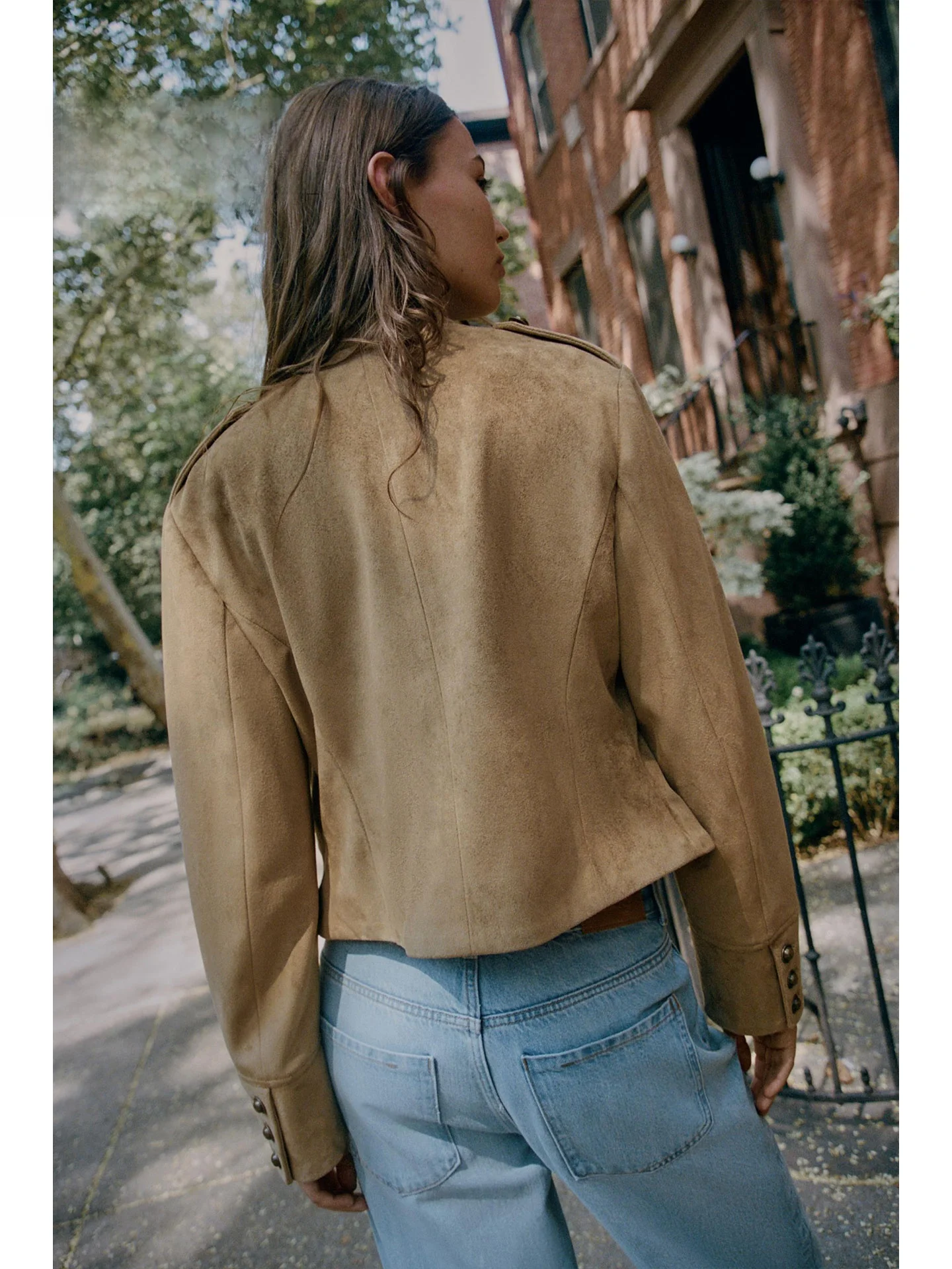 Retro American Double Row Decorative Button Shoulder Design Stand Collar Motorcycle Style Jacket Outerwear Short Casual Fit