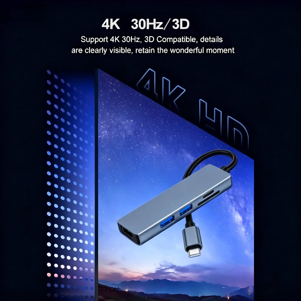 5 In 1 USB3.0 Docking Station HDMI HD Display Hub Multifunctional Laptop Multi-port Screen Casting Extension Dock Adapter