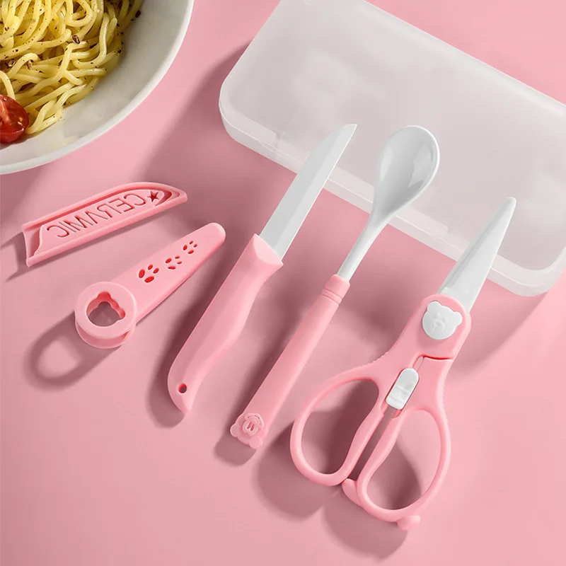 Baby Tableware Kawaii Scissors With Sheath Portable Extra Food Baby Ceramic Scissors Tongs Meat Cutting Kitchen Accessories