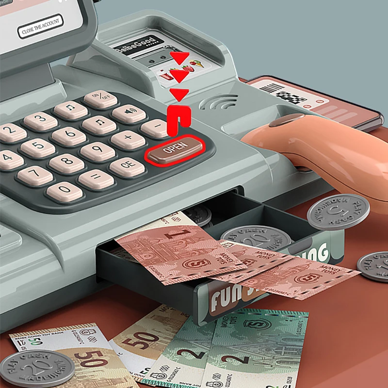 JY-25개 미니 시뮬레이션 전자 슈퍼마켓 계산대 키트 다기능 어린이 역할놀이 세트