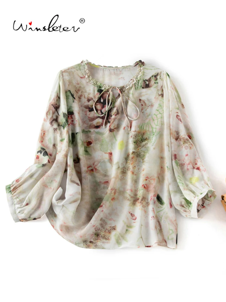 Winsleter-8MM 100%Silk Elegant T-Shirt, O Neck 3/4 Sleeve Print, Women French Vacation Sunscreen Thin Top, 2026 Summer T66948CC
