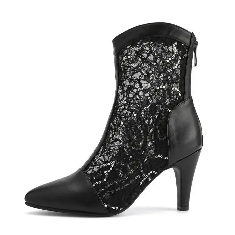 

Women Black Lace Sequins Ankle Boots Pointed Toe High Heel Mesh Booties 2026 New Women's Shoes