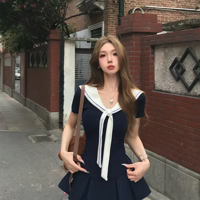 Preppy Stijl Vrouwen T-shirt Zomer Koreaanse Slim Fit Splicing Korte Mouw Top Fashion Harajuku Japanse Sjaal Tees Vrouwelijke Nieuwe