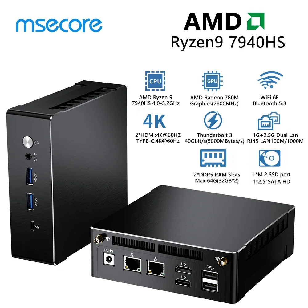 MSECORE AMD Ryzen 9 7940HS 7840HS Game Mini PC windows 11 Office Desktop Computer DDR5 NVME4.0 HTPC Barebone System Wifi6E BT5.3