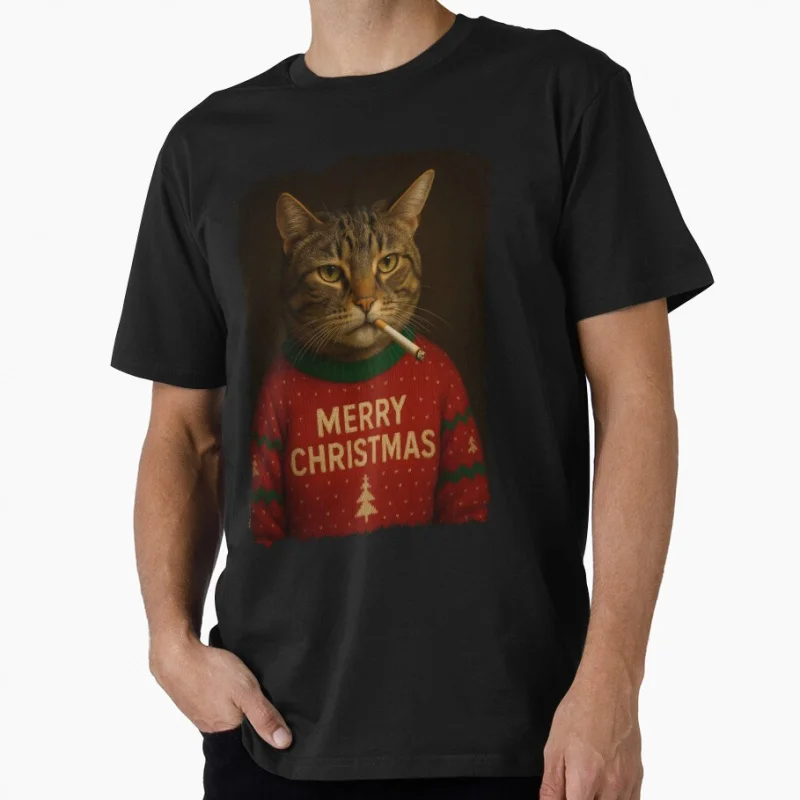 

merry christmas cat smoking Funny Christmas Gift T Shirt for men 100% cotton printed Graphic Clothes Mens All size S-6XL Tops
