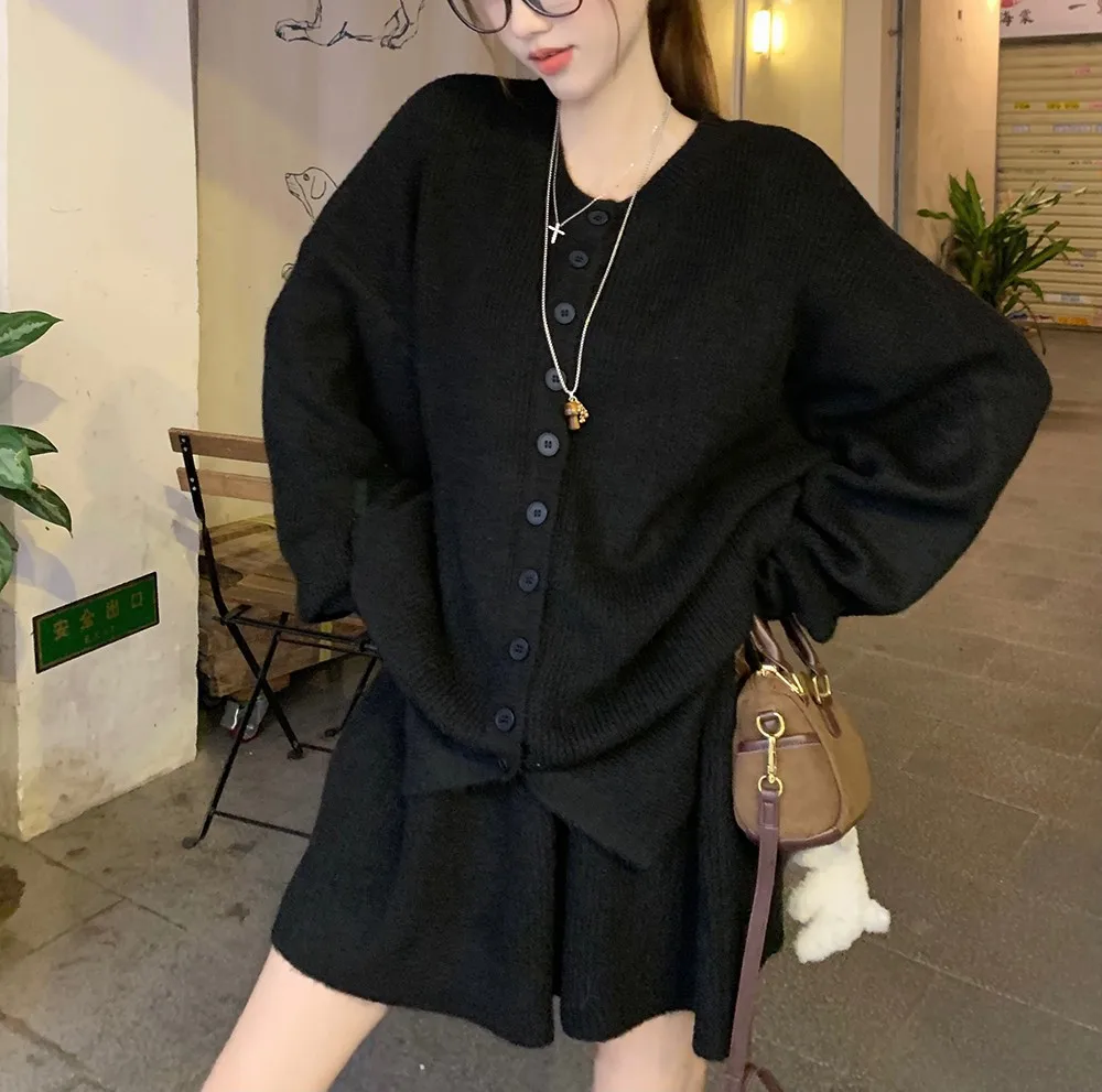 Retro Lazy Knitted Suit Women's Autumn and Winter Soft Glutinous Sweater Covers The Belly and Slimming Skirt Two-piece Set