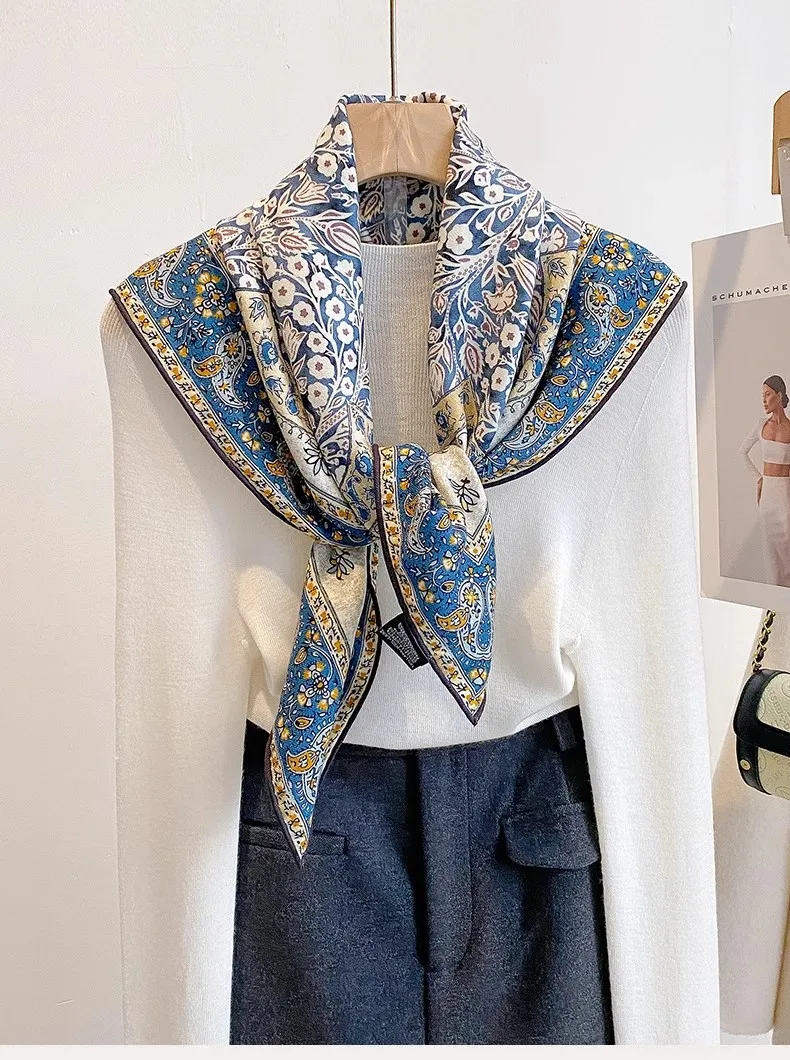 2026 Double-Sided Silk Wool Scarf Women's Vintage French Style 70% Wool 30% Silk Blue Paisley Scarf Elegant Womens Shawl