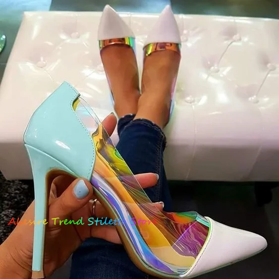 Décolleté con tacco alto Patchwork rosa Neon a punta tacco a spillo in pelle verniciata PVC trasparente Slip On scarpe da sposa poco profonde