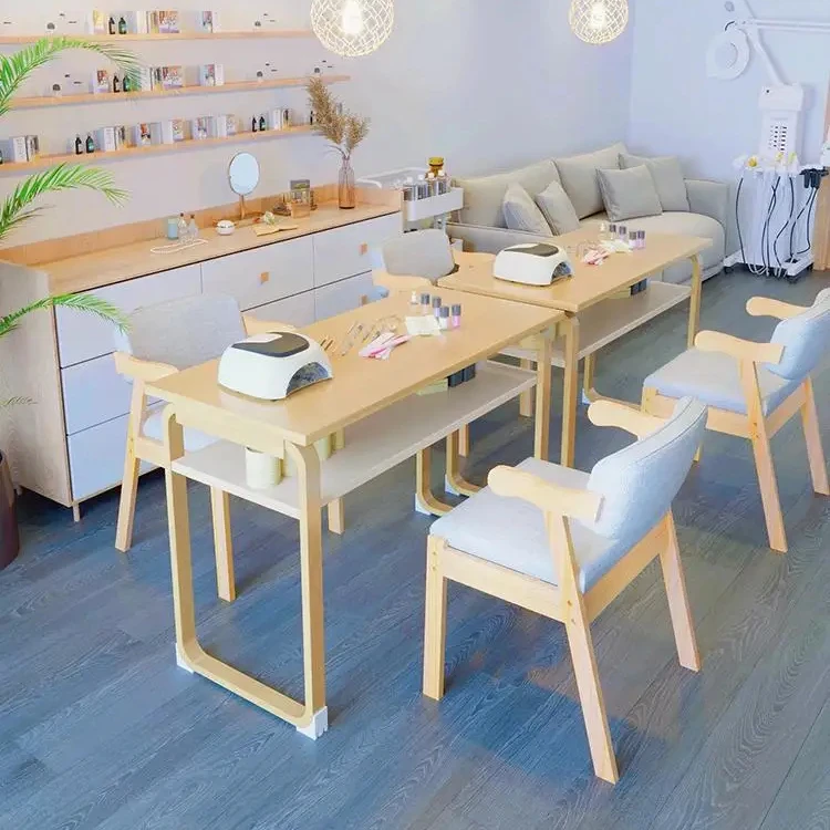 New Original Wood Color Nail Table Economy Selling Japanese Single And Double Nail Desk Nail Shop Table And Chair Set