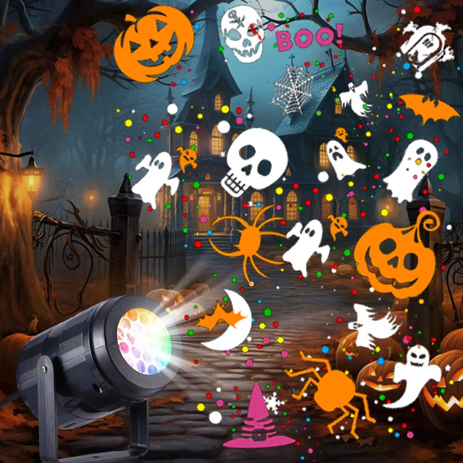 Halloween Decoration Projector Light Dynamic Pumpkin Skull Patten USB Power LED Fairy Lamp for Bedroom Room Party Holiday Decor