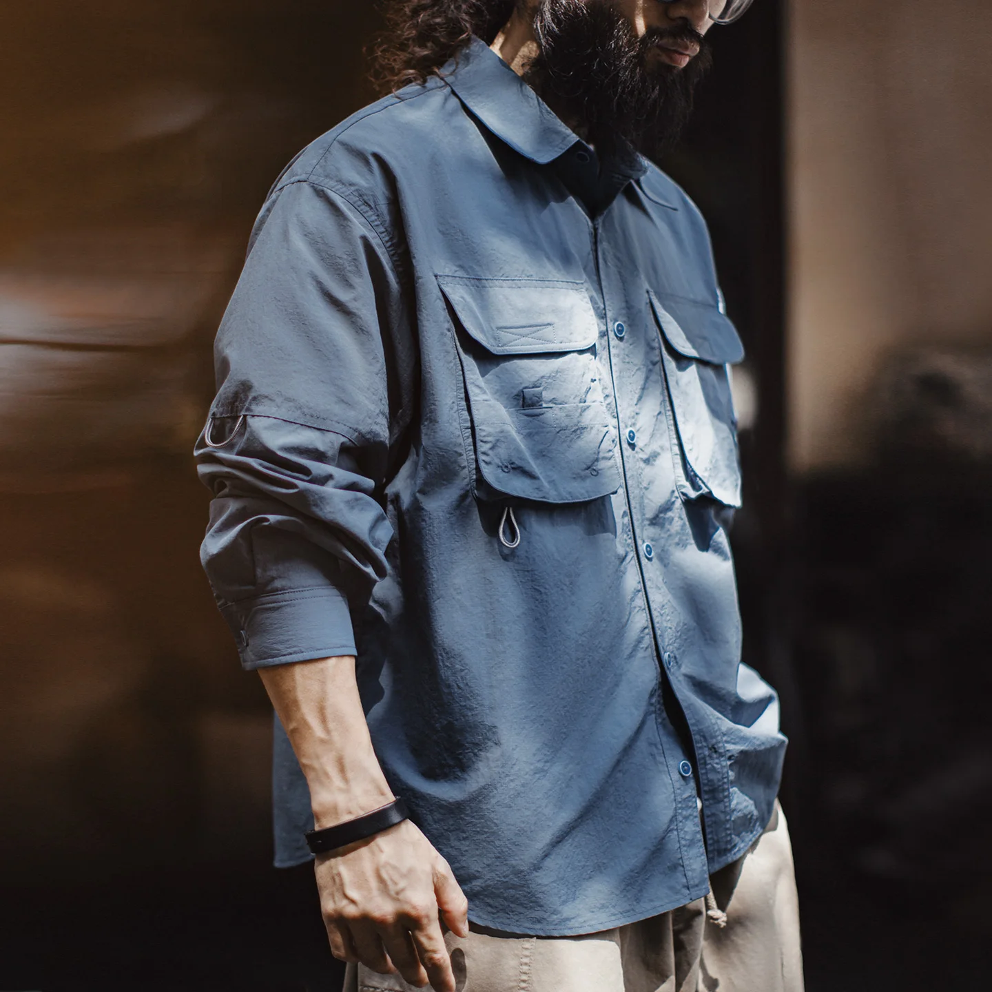 Camisa Safari MADEN para Hombre, Ligera, Manga Larga, Cuello Camisero, Bolsillos Utilitarios, Camisa de Pesca, Azul, Transpirable, Ropa Exterior Informal