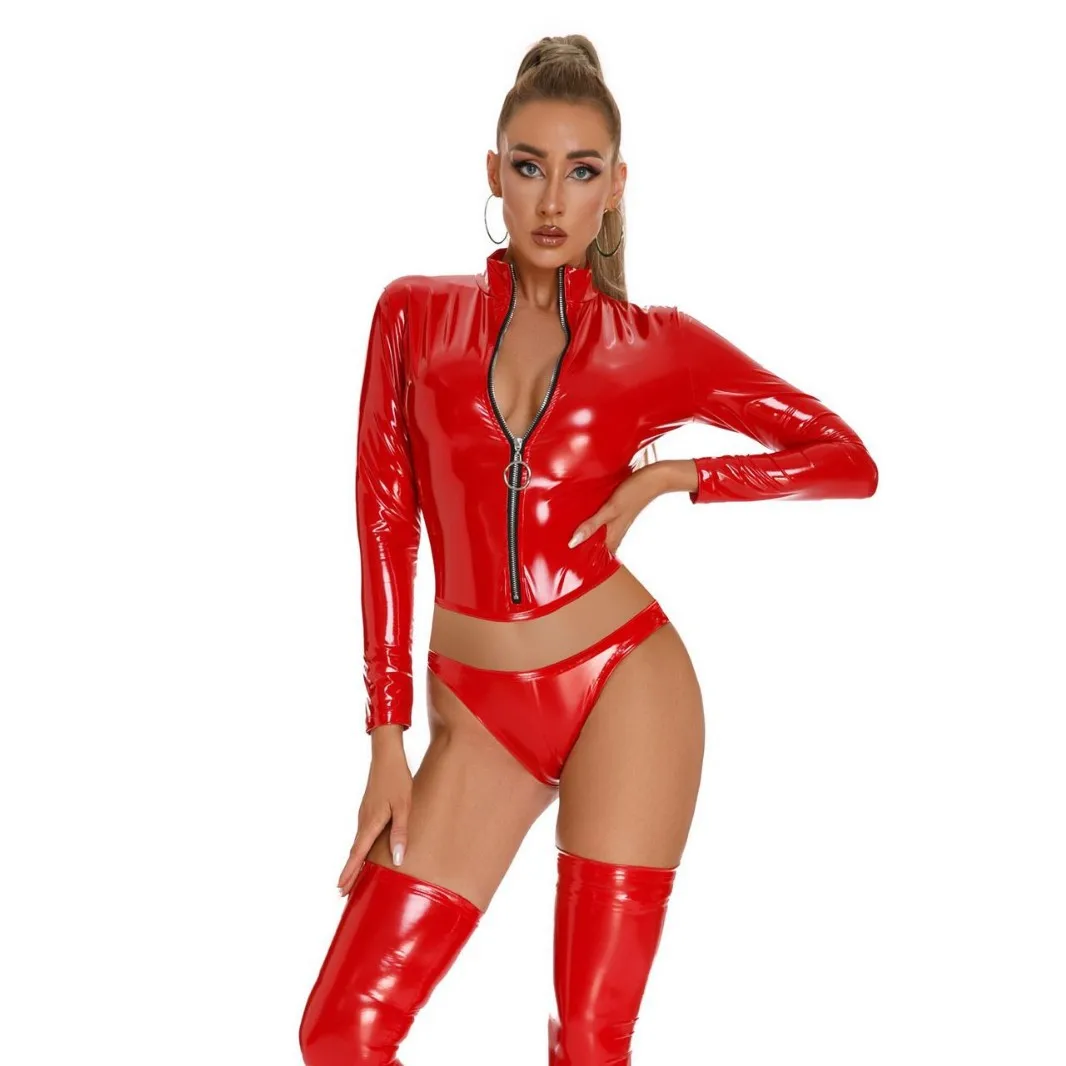 Sexy Shiny PVC Leather Women's Blouse Wet Look Long Sleeve Slim Fit Shirt High Street Lady Black Red Fetish Top with Briefs