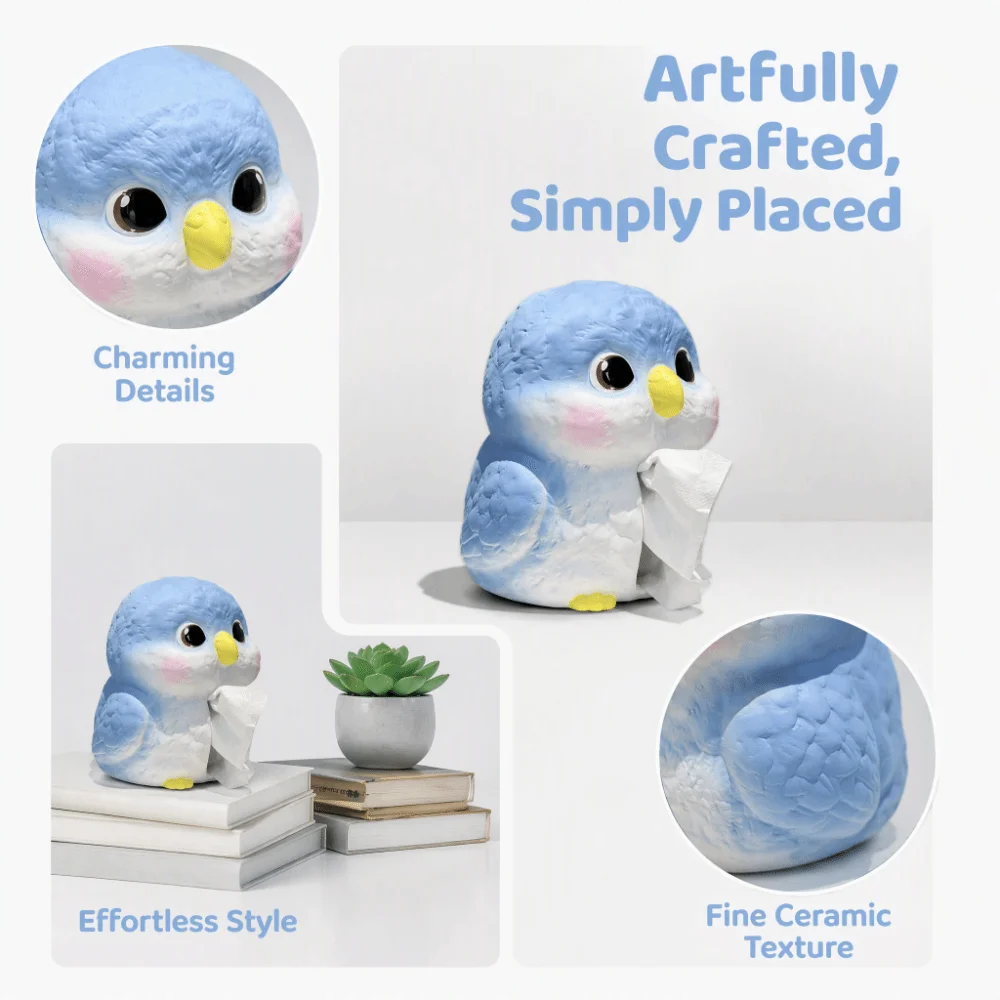 Creative Design Ceramic Tissue Box Cartoon Blue Bird Ornamental Style Desktop Tissue Holder Ceramic Material Unique