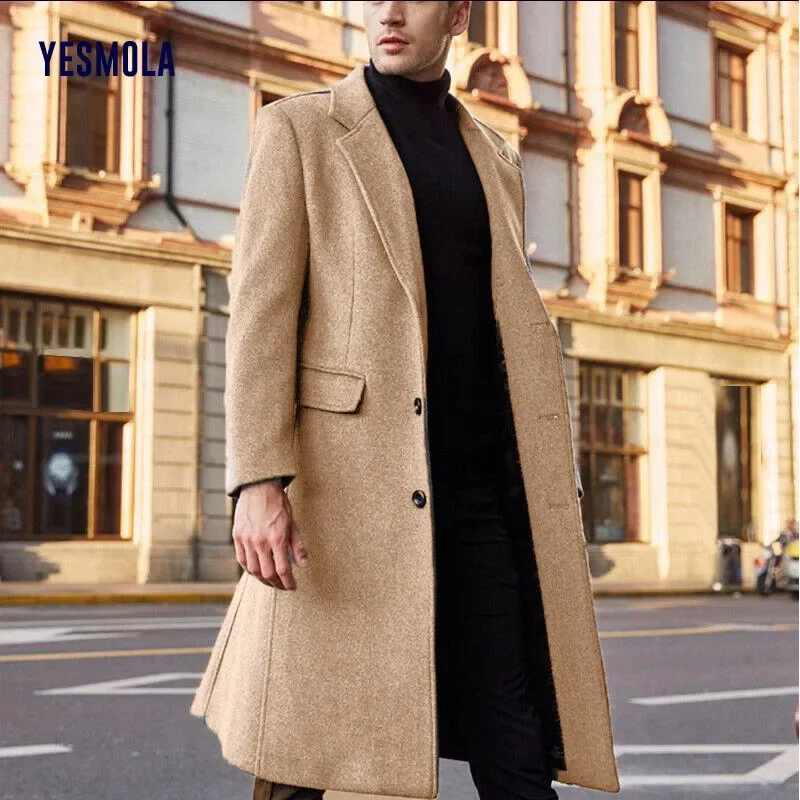 YESMOLA Otoño Invierno abrigo para hombre sólido Chaquetas de lana de manga larga abrigo de lana para hombre ropa de calle moda gabardina larga prendas de vestir exteriores