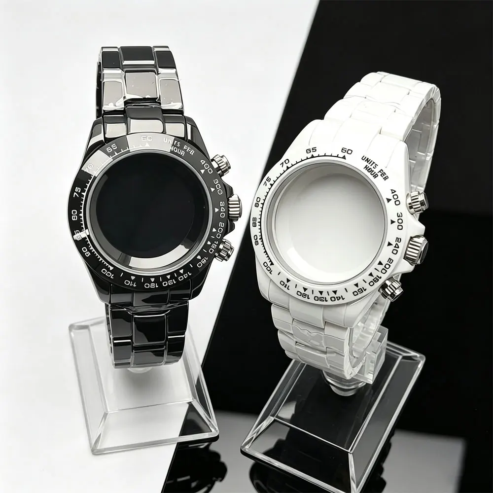 White Black Ceramic Watch Case 38.5mm VK63 4130 Movement Compatible Accessory Installation Wristwatch Case