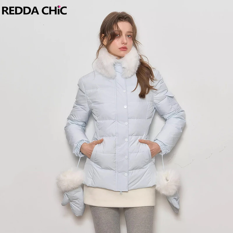 

REDDACHiC Baby Blue Women Down Jacket with Gloves Pockets Button Down Fur Collar Cropped Quilted Coat Cute Winter Women Clothing