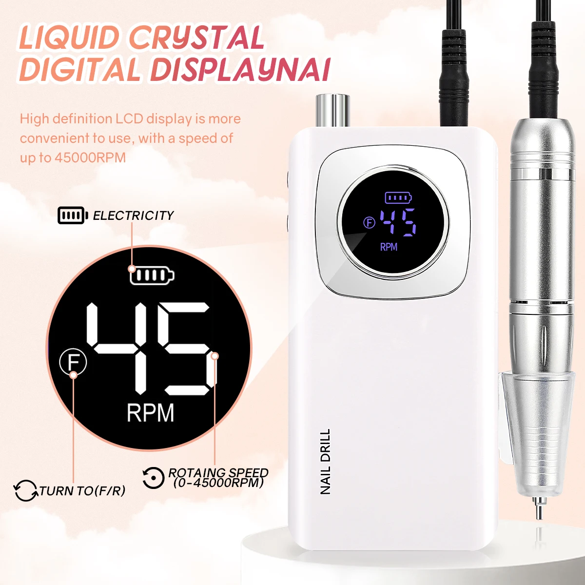 45000RPM Professional Rechargeable Electric Nail Drill Machine Portable Cordless Nail File For Acrylic Gel Nails Remove