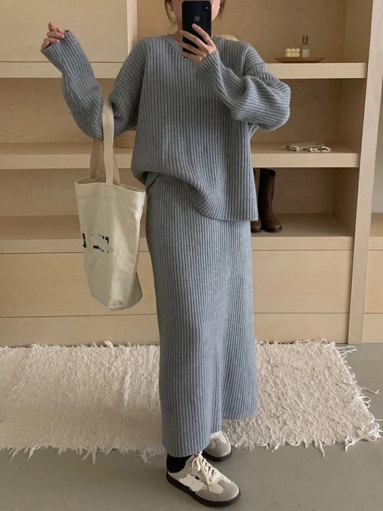 GALCAUR Knitted Two Piece Sets Women O Neck Long Sleeve Loose Top High Waist Straight Skirts Solid Casual Minimalism Suit Female