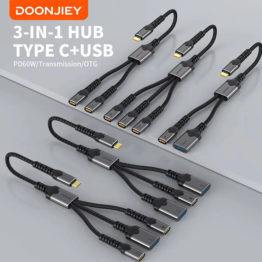 DOONJIEY USBA Type C Splitter Cable Multi Ports PD 60W Fast Charging Extension Cable OTG Adapter Data Transfer Converter For PC