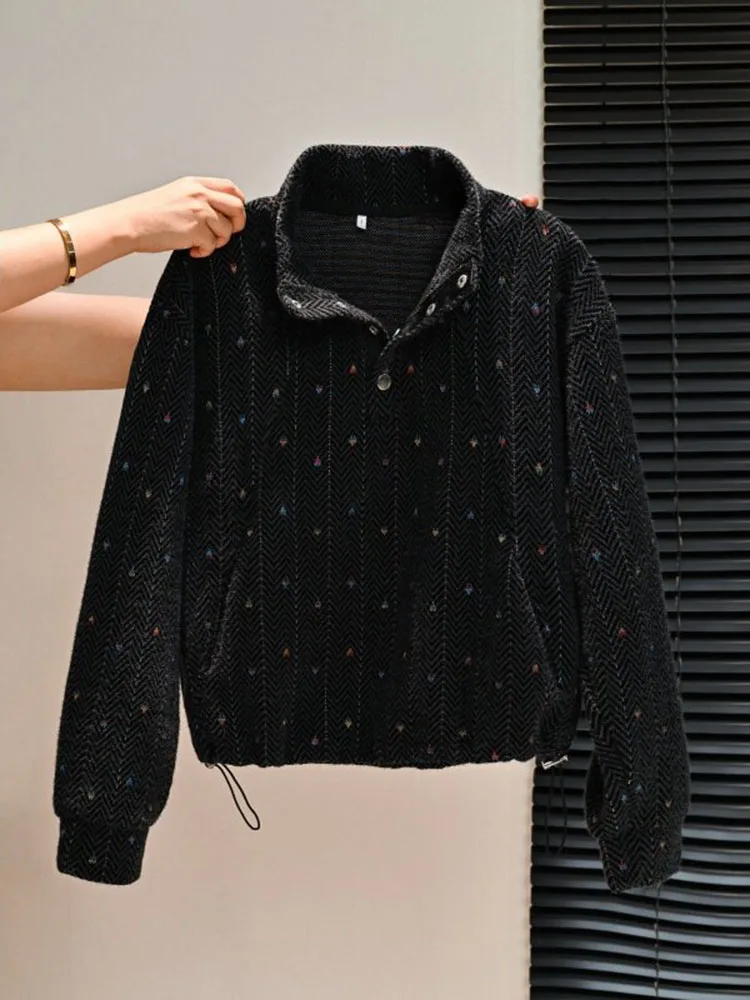 Fashion Embroidery Women Sweatshirt Autumn Lazy Style Loose Stand Collar Long Sleeve Pullovers Chic Drawstring Design Casual Top