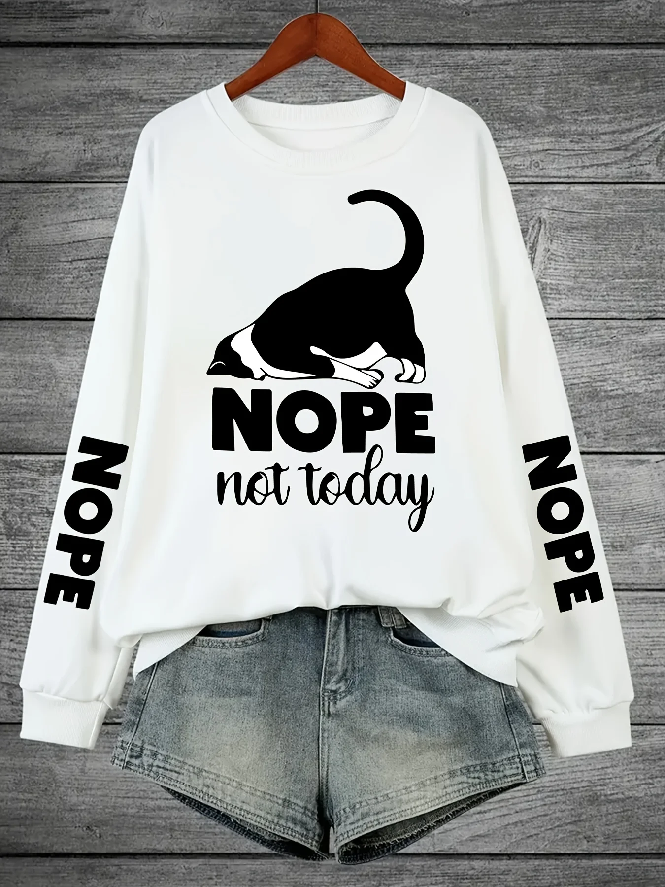 Casual warme damessweater met katten- en letterprint, comfortabel plus fluwelen sweatshirt met lange mouwen en ronde hals