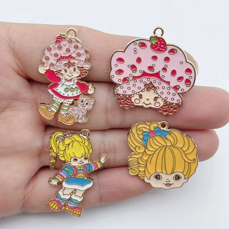 10pcs Cute Little Girl Enamel Metal Jewelry Strawberry Rainbow Pendant DIY Earrings Bracelet Keychain Jewelry Making