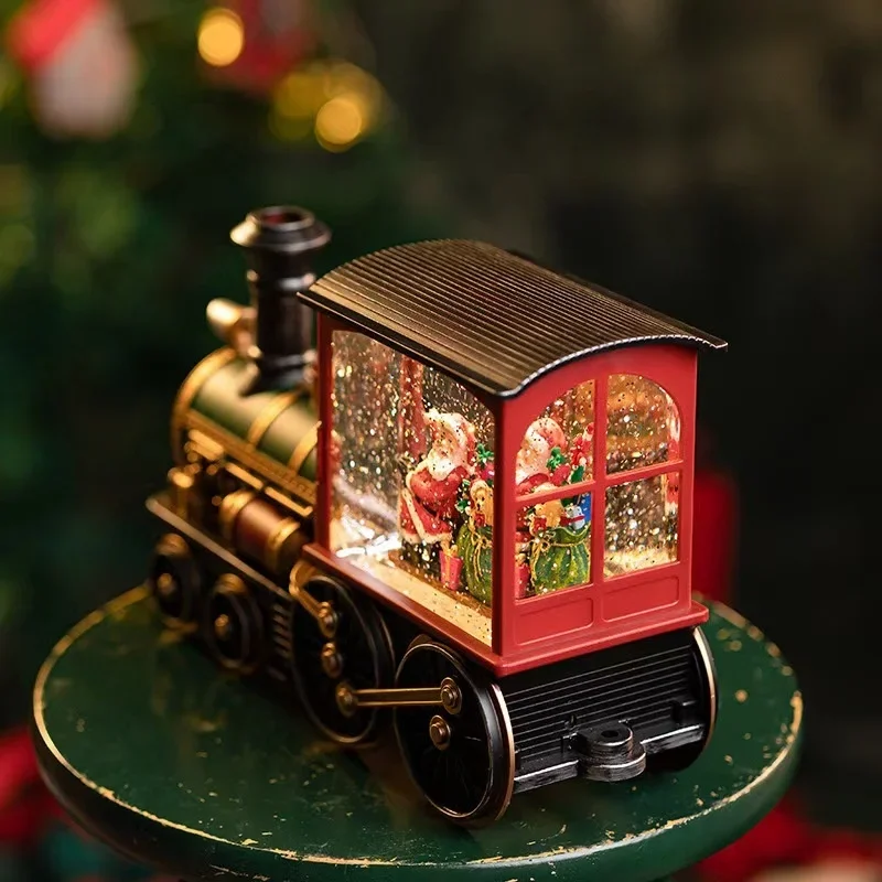 Small Train Crystal Ball Automatic Snow Music Box Festive Christmas Decorations with Santa Claus Night Light Christmas Gift