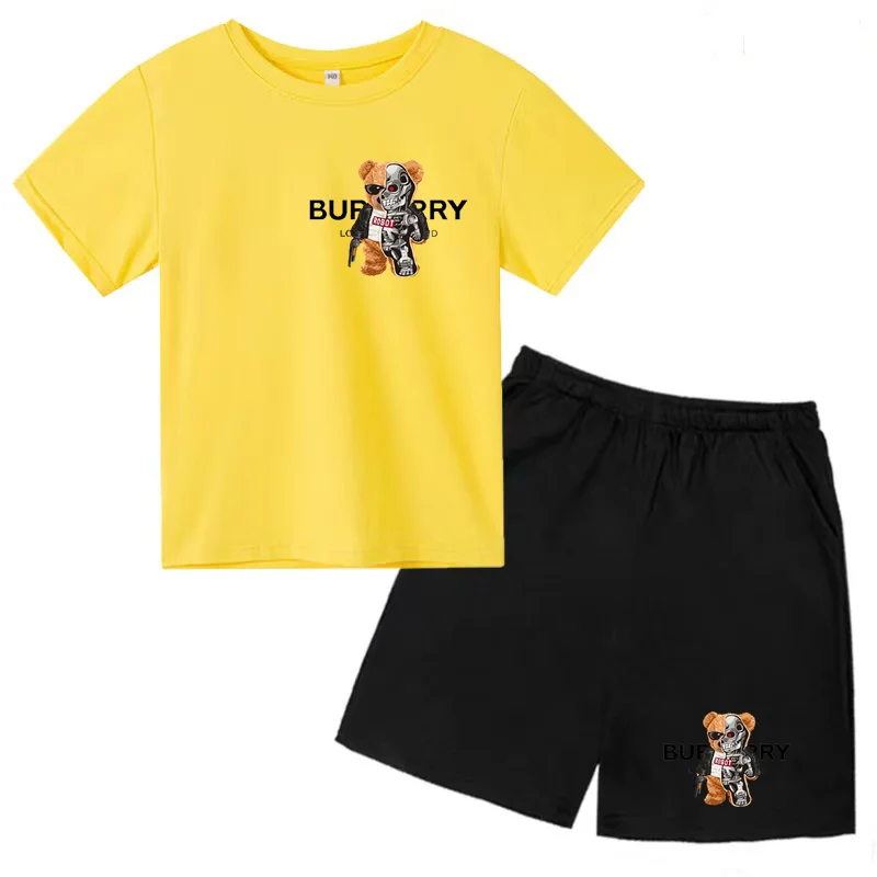 T-shirt e shorts com impressão de urso infantil, top pré-escolar, 2P, meninas bonitas, marca encantadora, jogging esportivo, set casual, 3-12Y