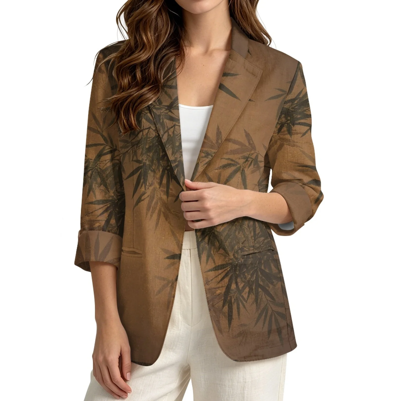 PENSTROLL Lightweight Linen Style Business Jacket 3/4 Sleeve Outerwear for Vacation Leaf Print