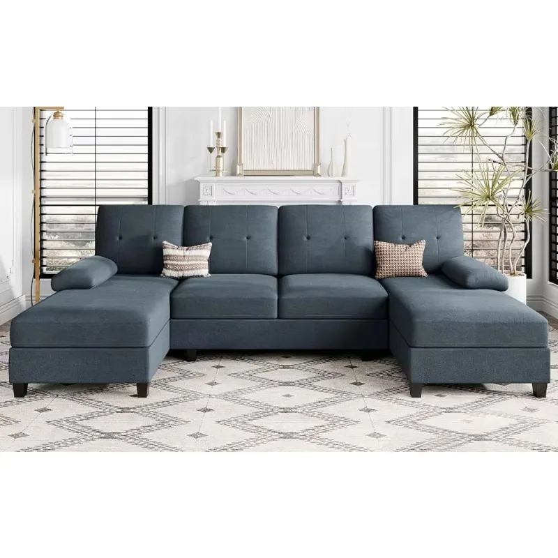 Sectional Sofa Couches for Living Room, U-Shaped Couch with Double Chaise, 4-Seat Sleeper Cushion & Linen Fabric Dark Grey