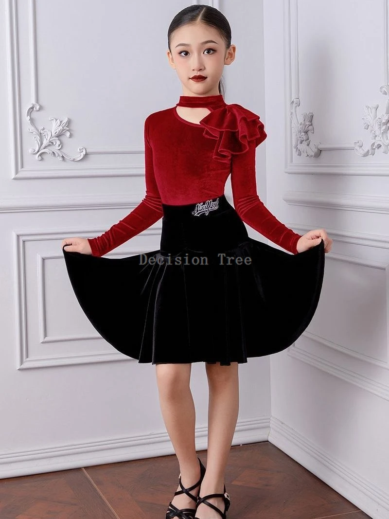 2025 autumn winter girls' latin dance practice dress children performance competition long sleeve velvet skirt 2 piece dance set view 4