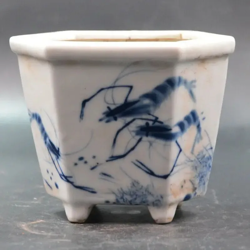 Chinese Blue and White Porcelain Shrimp Design Flowerpot Hexagon Pot 4.72 inch