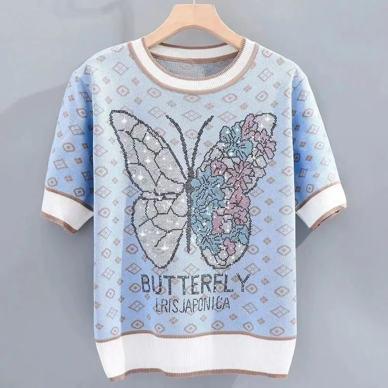 2024 New Summer Sweet Short Sleeve T-shirts Women\'s Knitted Loose Pullover Chic Animal Printed Letter Diamonds Round Neck Tops