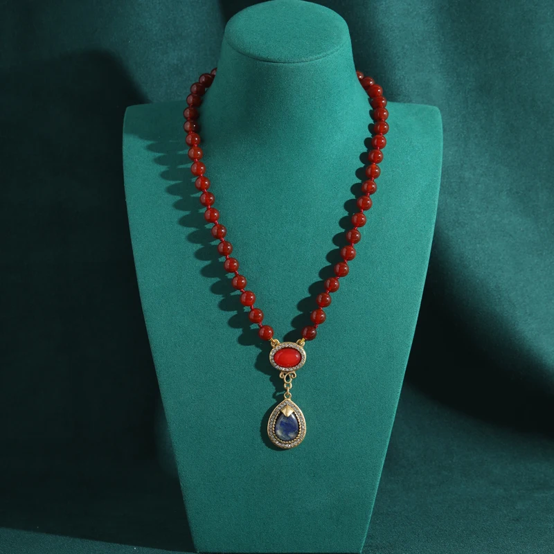 Vintage Red Agate Beads Necklace Natural Stone Opals Pendant Woman Jewelry Water Drop Accessories Luxury Designer High Quality