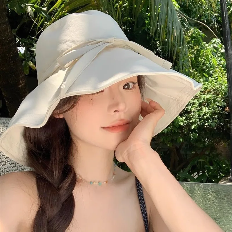 

New Simple Solid Color Big Brim Bucket Hat Summer Outdoor Vacation Sunshade Strap Bow Foldable Sun Cap for Women's Gorras