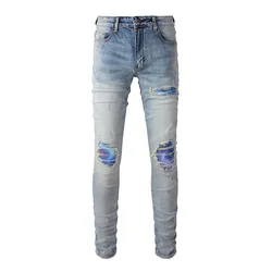 Men Patches Jeans Streetwear Light Blue High Stretch Denim Pants Ripped Distressed Skinny Tapered Trousers