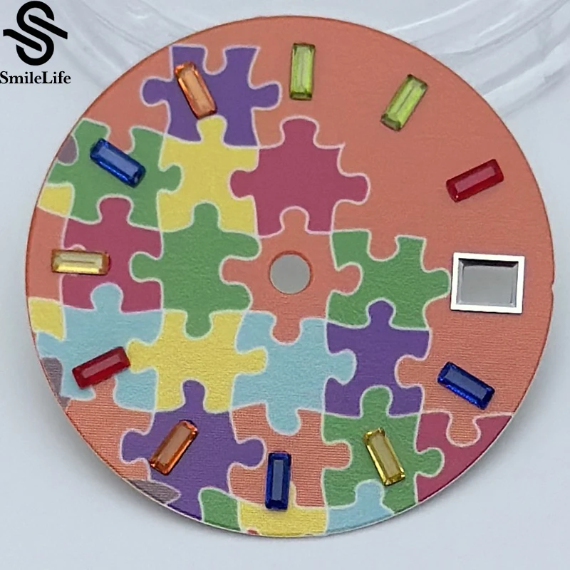 SmileLife-esfera de reloj NH35/NH36, 28,5mm, estilo bloque de rompecabezas, esfera de reloj con piedras preciosas de colores, compatible con movimiento NH34 NH35