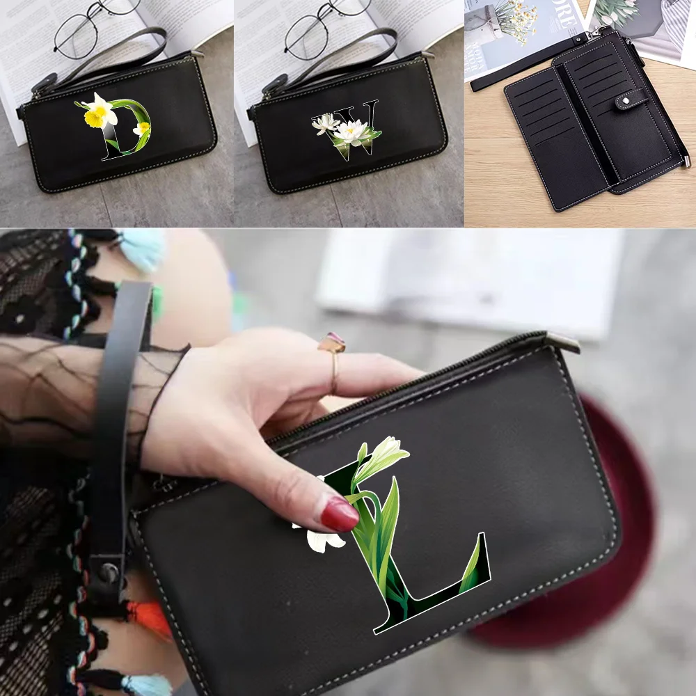 

Кошелек-клатч на молнии с большой вместимостью, с цветочным принтом и надписями, кожаный, с отделениями для карт и монет, простой и универсальный.