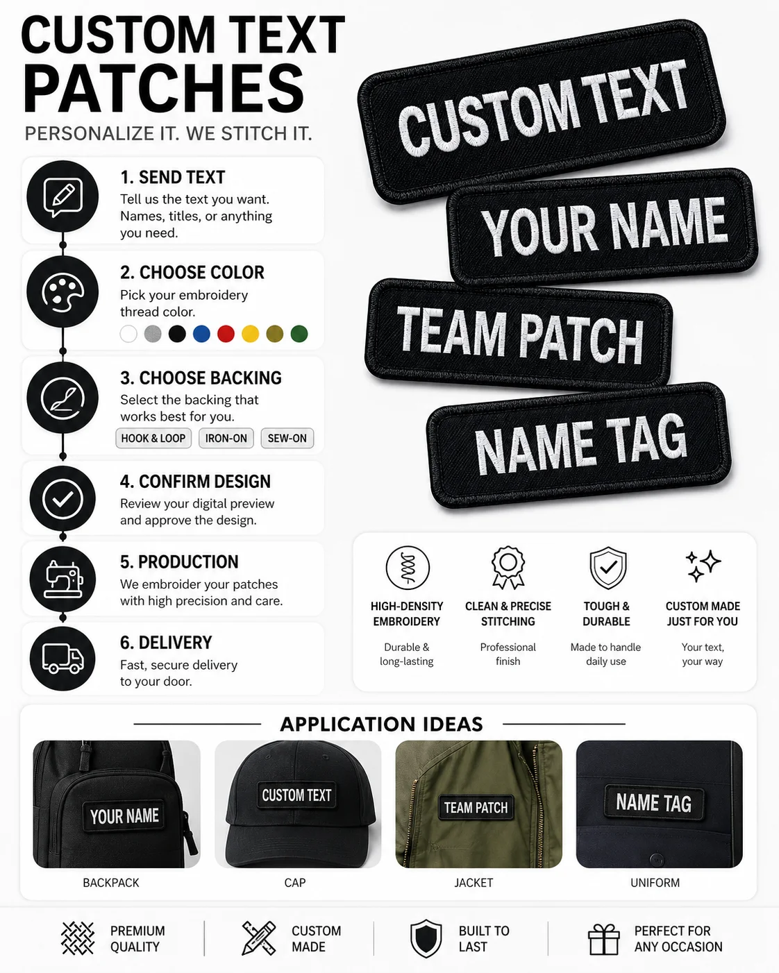 Custom Embroidered Name Patches Personalized Text Logo Hook and Loop Badge for Uniforms Jackets Backpacks Workwear Team Gear
