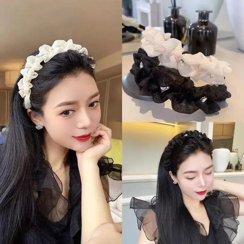 

Mesh Yarn Pleated Headband Headdress Women Shining Rhinestone Hair Band Pure Color Pleated Face Wash Headwear Versatile