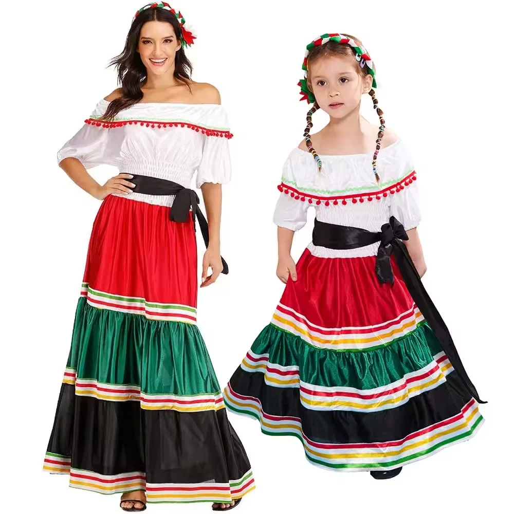 Wholesale Cinco De Mayo Halloween Carnival Girls Dress Spanish Brazil Mexican Traditional Long Dress Dance Costumes