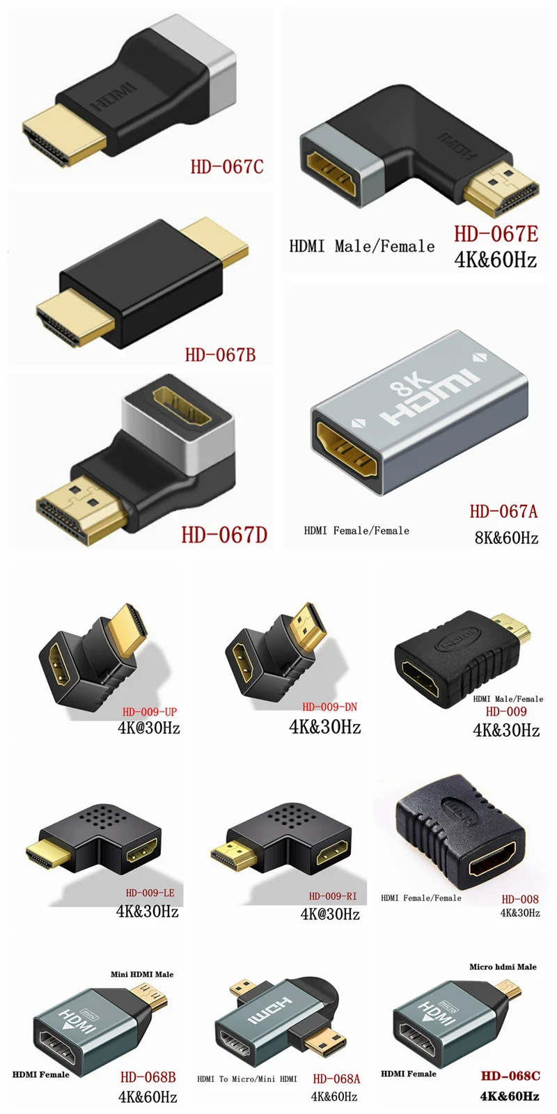 Ângulo direito macho para fêmea conversor, extensor compatível com HDMI, mini conector micro, micro 2.0v, 4k, 8k hd, 90, 270 graus, 1pc