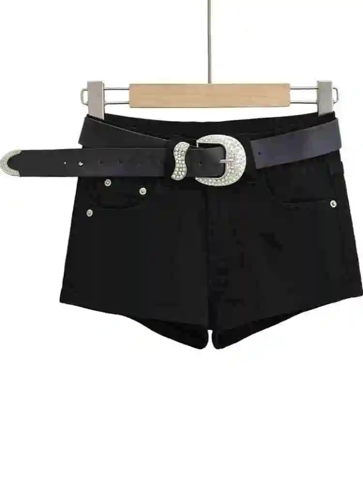 미국 스타일 섹시 로우 웨이스트 엘라스틱 데님 반바지 여성용 레트로 타이트 힙 핫팬츠 벨트 포함 트렌디 여름 패션