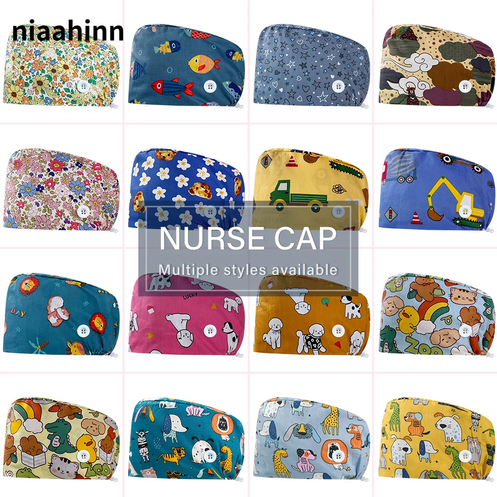 Female Nursing Cap Women Nurse Accessories with Buttons Medical Scrub Hat Surgery Cap Animal Printed Dentist Scrub Cap Long Hair