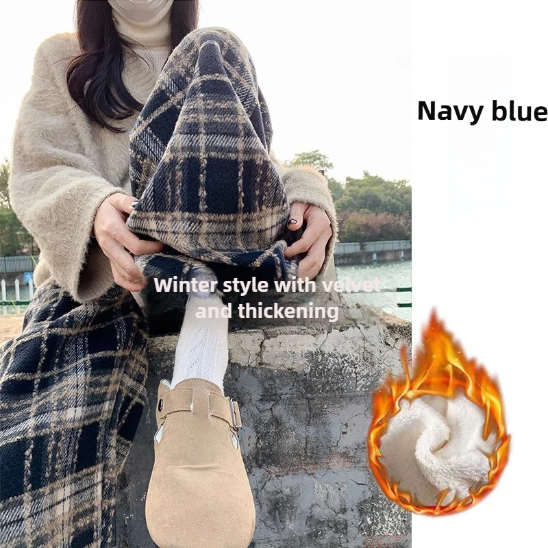 Celana Kaki Lebar Bulu Wanita Celana Panjang Lantai Lurus Kotak-kotak Tebal Musim Dingin Wanita Celana Panjang Tebal Kasual Wol Hangat Mode