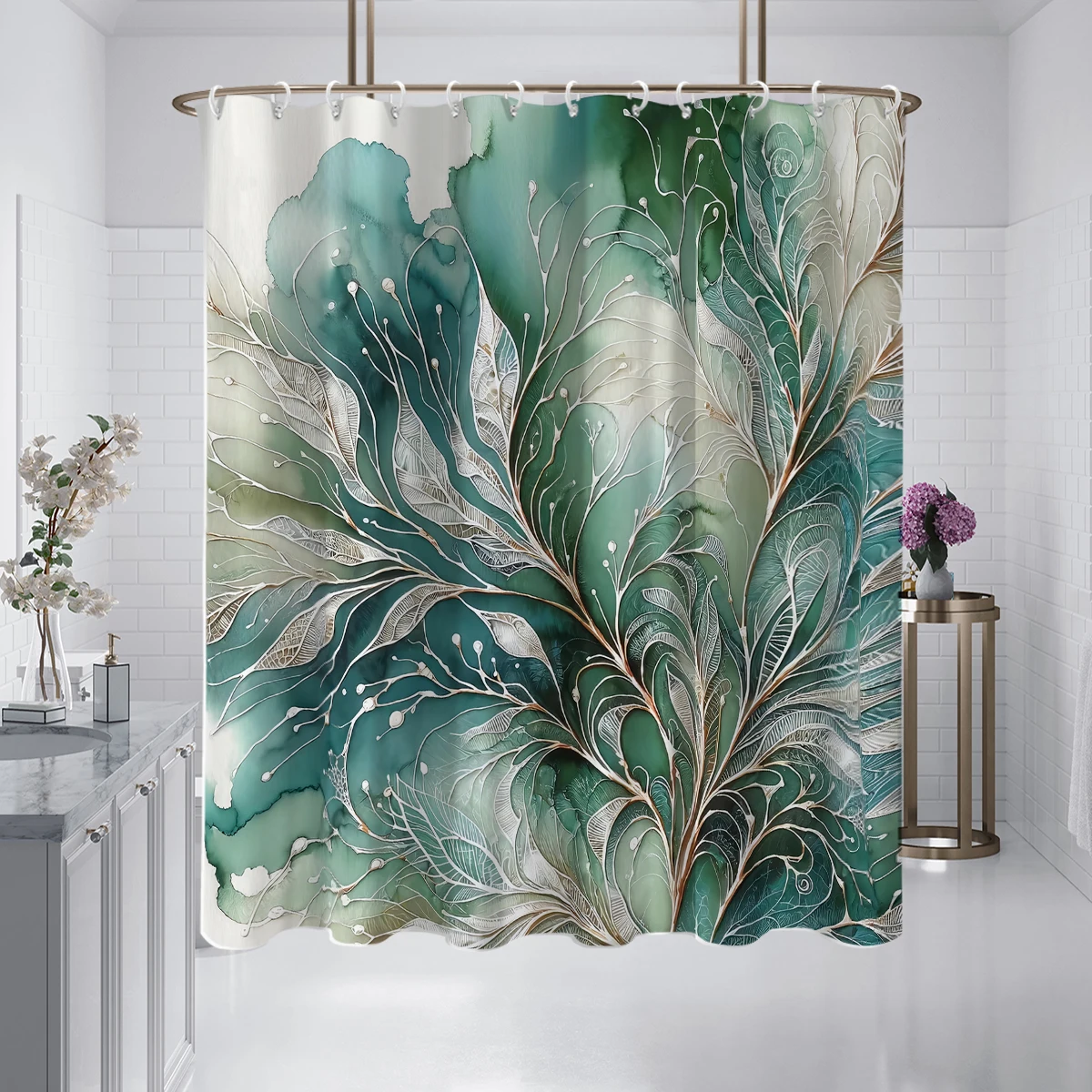 Olive Green and Golden Purple Plant Leaves Shower Curtain Series Printed Pattern with 12 Hooks,for Bathroom Art Decor