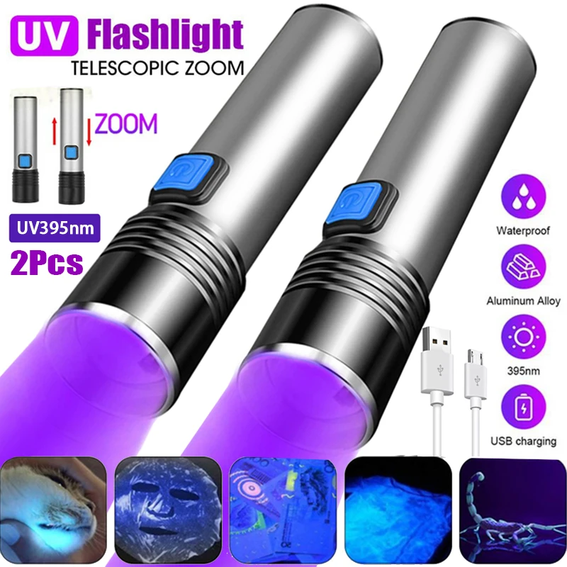 Mini linterna UV de luz negra de aluminio, linterna ultravioleta de 395nm, lámpara UV recargable para detección de orina de mascotas, curado de resina